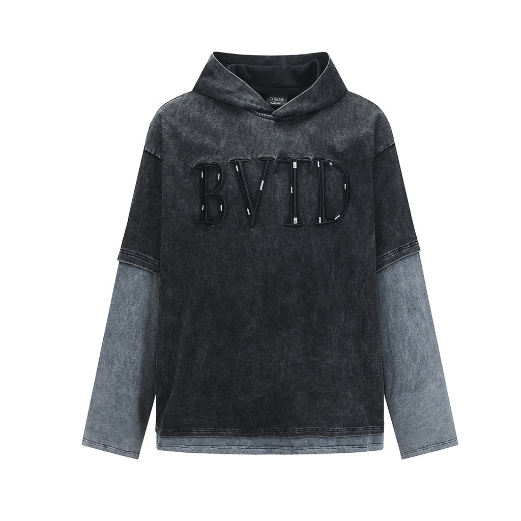 Letter-Print Layered-Look Hoodie — streetwear hoodie from SweaterWeather