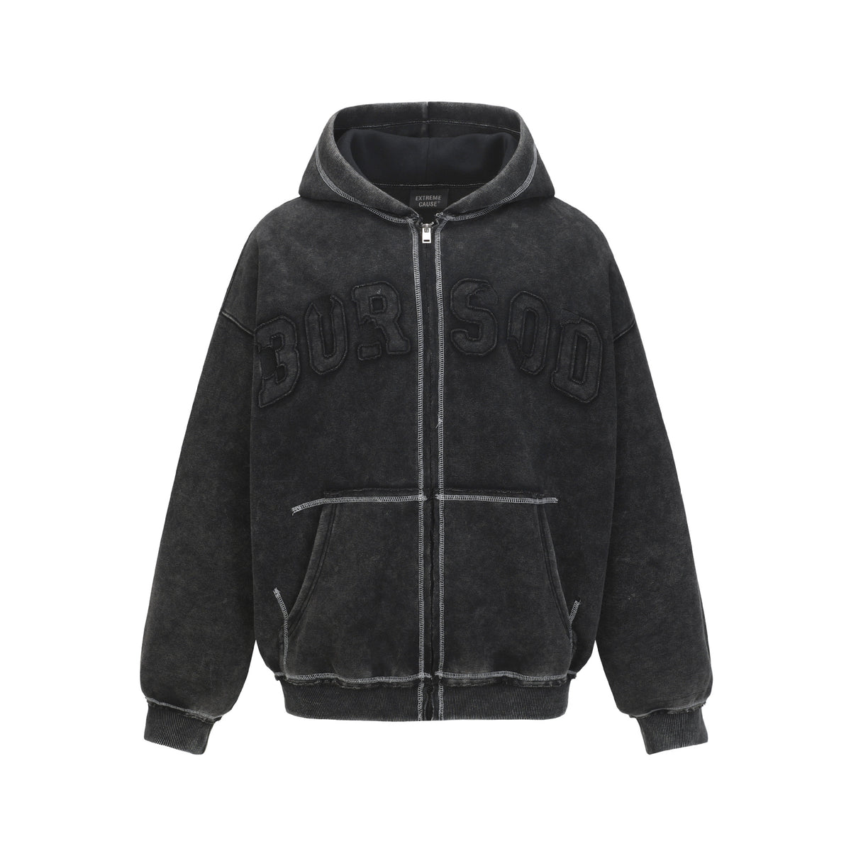 Washed Letter-Print Zip Hoodie — streetwear hoodie from SweaterWeather