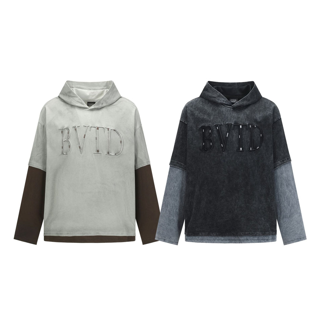 Letter-Print Layered-Look Hoodie — streetwear hoodie from SweaterWeather