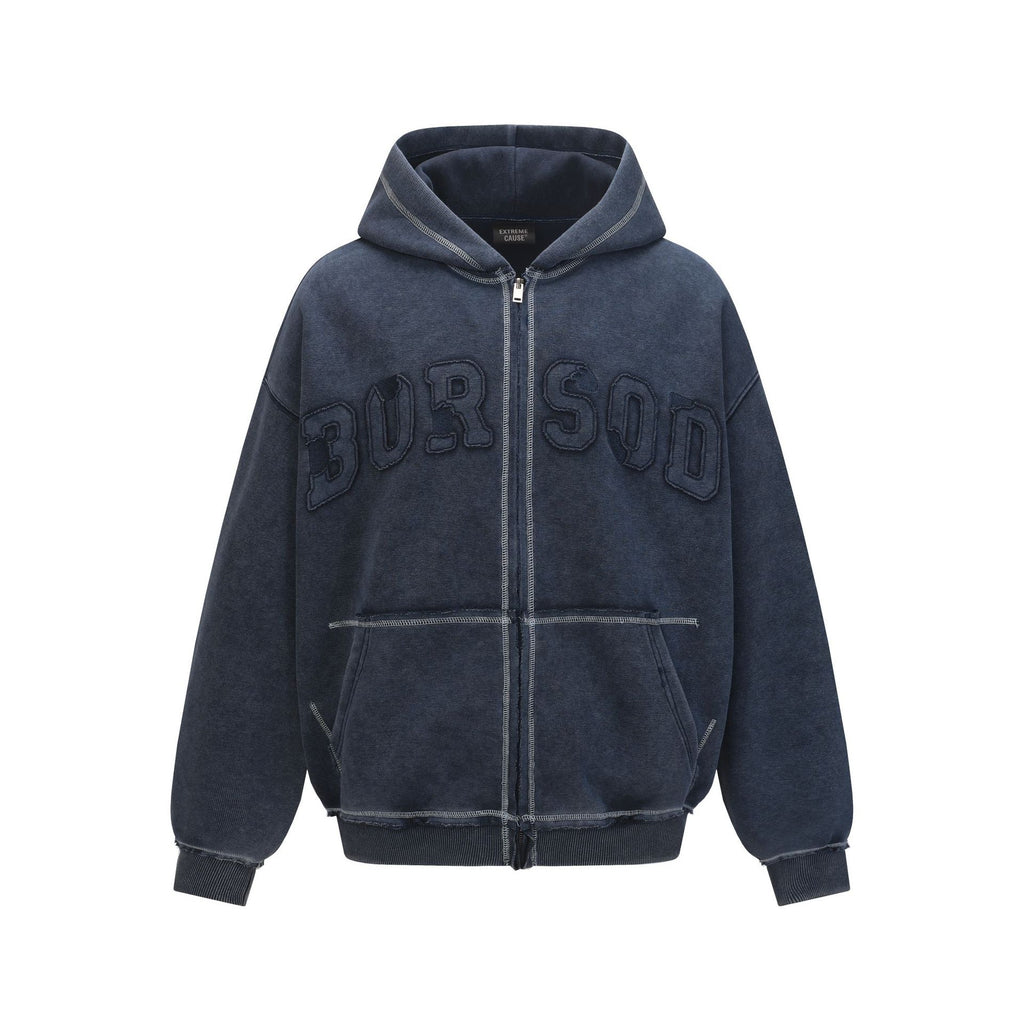 Washed Letter-Print Zip Hoodie — streetwear hoodie from SweaterWeather