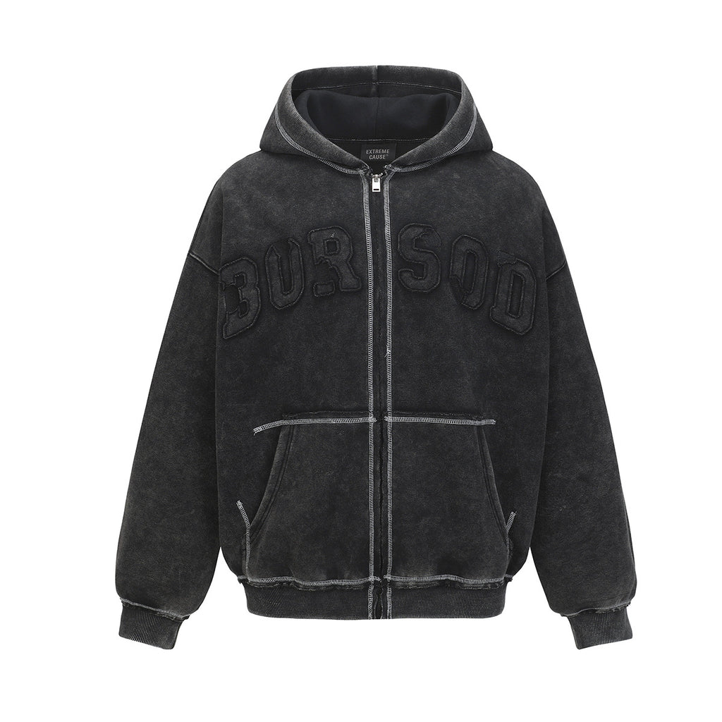 Washed Letter-Print Zip Hoodie — streetwear hoodie from SweaterWeather