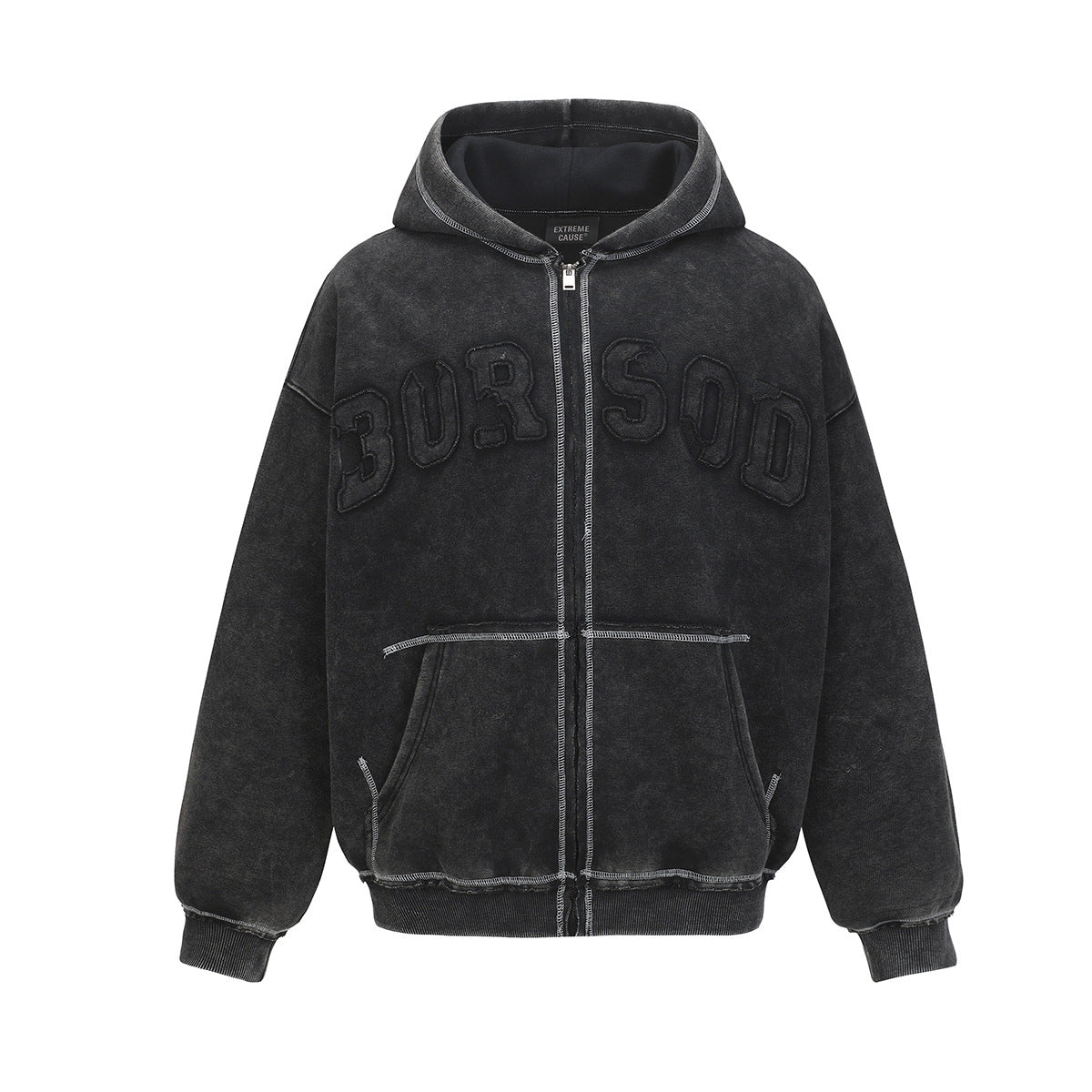Washed Letter-Print Zip Hoodie — streetwear hoodie from SweaterWeather