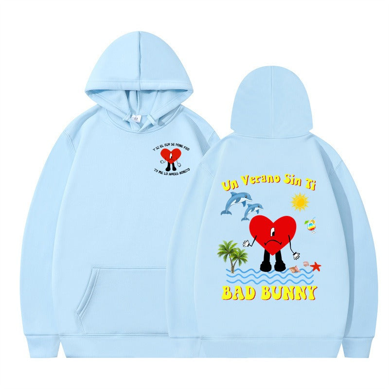 New Album Print Hoodie in Light Blue-Black — back view