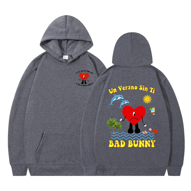New Album Print Hoodie in Dark Gray-Black — worn look